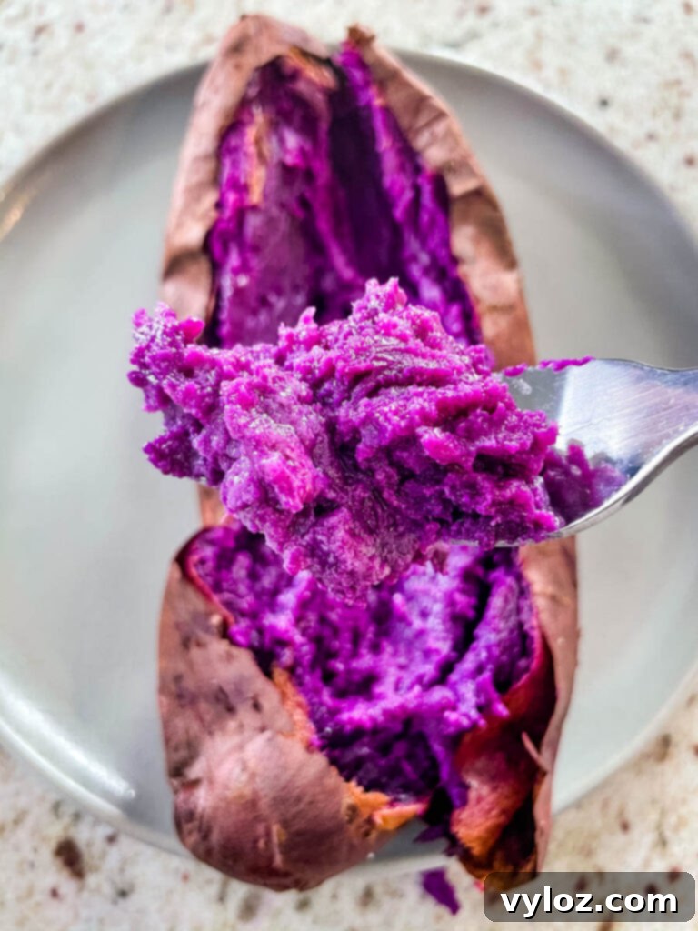 a spoonful of fully cooked Stokes purple sweet potato