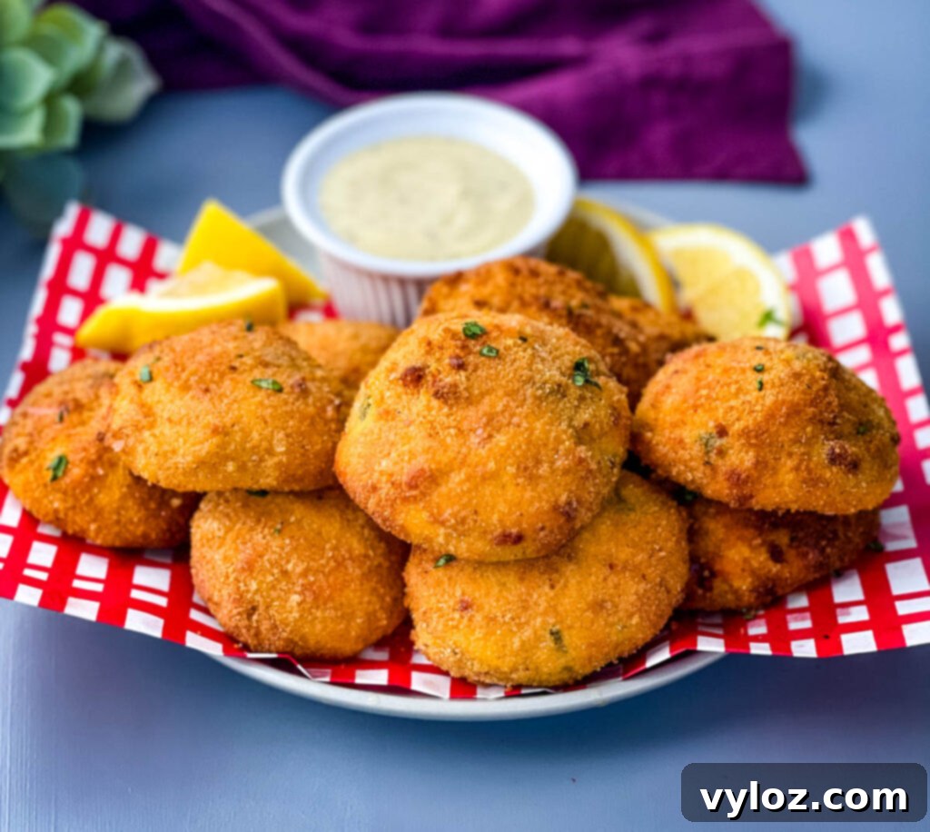 air fryer hushpuppies on a plate with tartar sauce