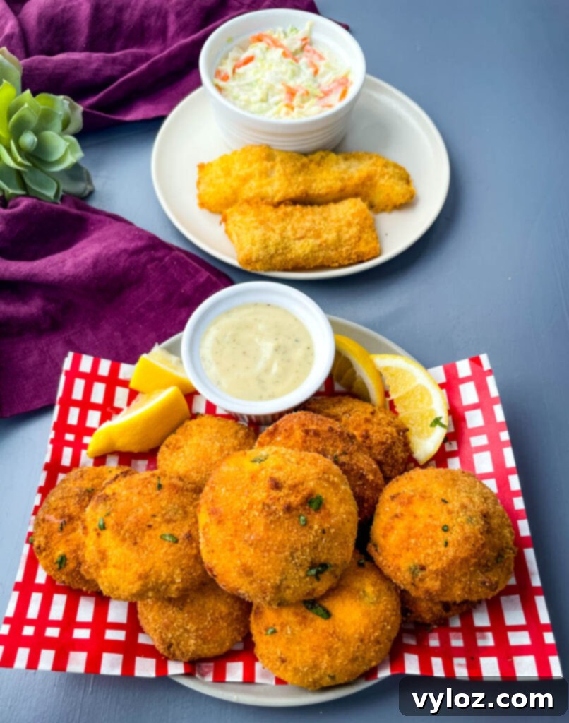 air fryer hushpuppies on a plate with fried fish and coleslaw