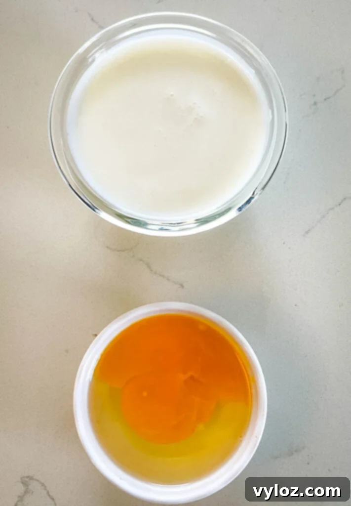 buttermilk and raw eggs in separate bowls