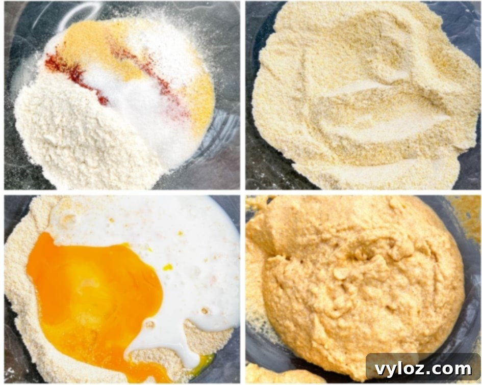 collage of 4 photos showing how to make hushpuppy batter using cornmeal, flour, and buttermilk