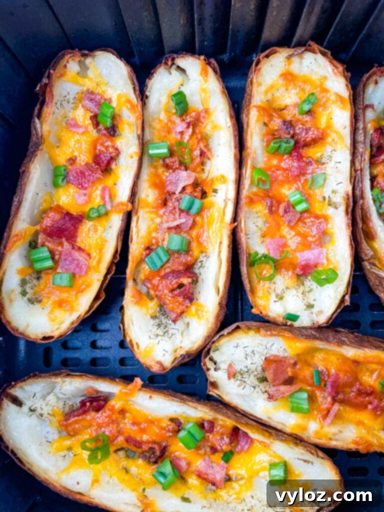 Delicious potato skins ready to be served from the air fryer