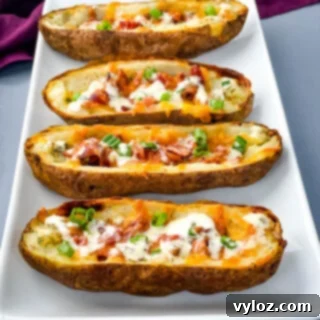 Crispy Air Fryer Potato Skins with bacon, cheddar, and ranch drizzle