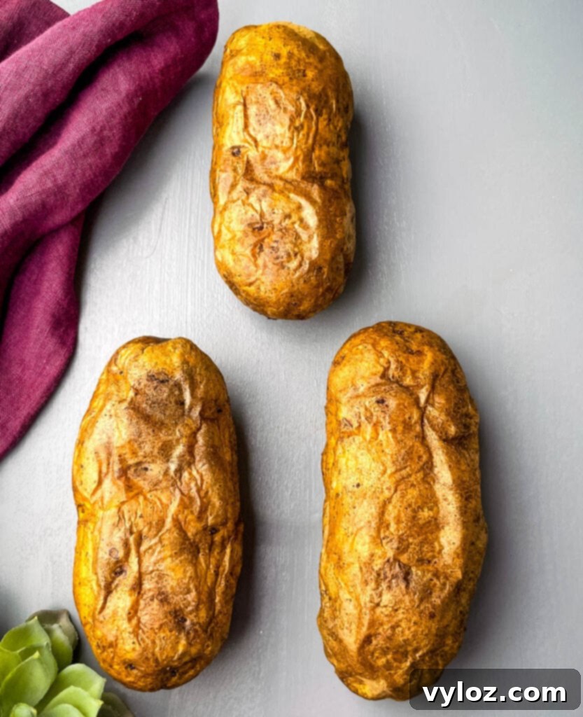 Baked Russet potatoes ready for preparation on a flat surface
