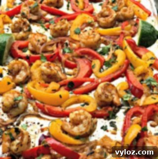 Effortless 20-Minute Low-Carb Sheet Pan Shrimp Fajitas 11 overview of shrimp fajitas on a baking sheet
