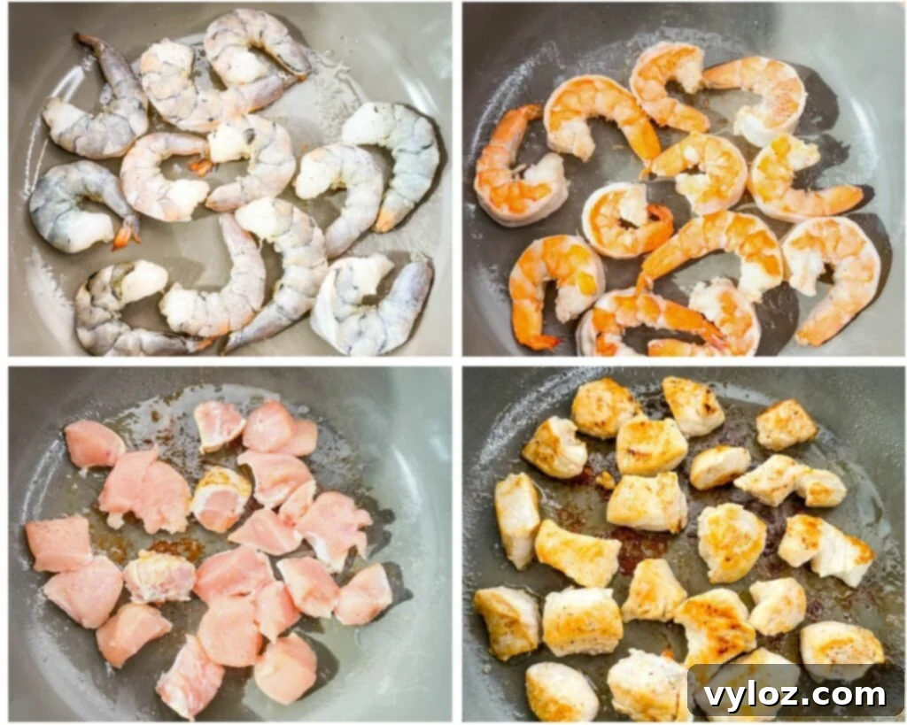a collage photo showing how to cook raw chicken and shrimp in a pan