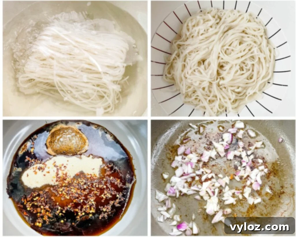 collage photo of 4 photos showing how to cook rice noodles and pad Thai sauce
