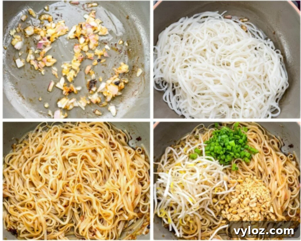 collage photo of 4 photos showing garlic and onions sauteed in a pan and pad Thai