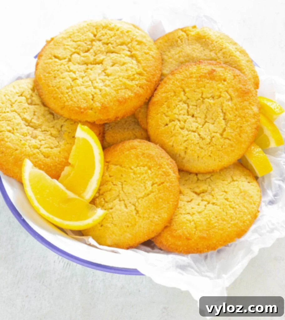 Zesty Sugar-Free Lemon Delights 2 keto low carb lemon cookies on a white plate with lemon wedges