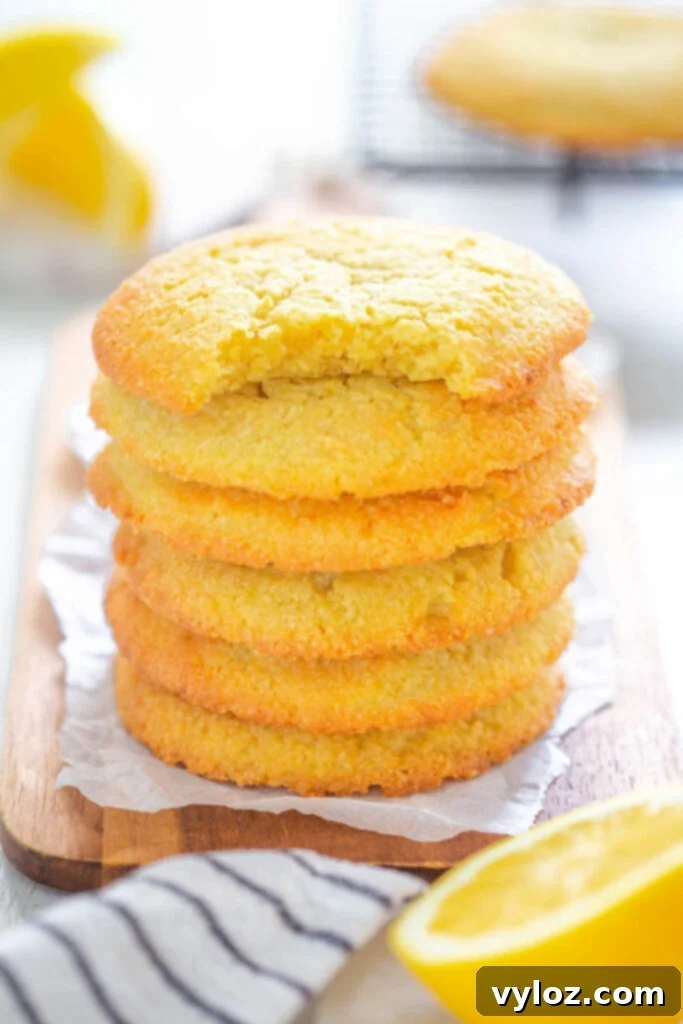 Zesty Sugar-Free Lemon Delights 7 a stack of keto low carb lemon cookies, one on top with a bite taken out, showcasing the soft texture