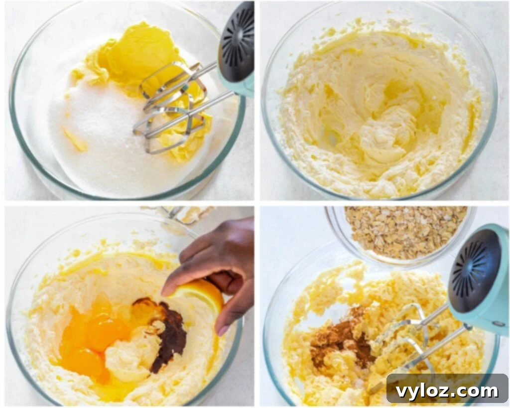 collage photo of 4 photos showing how to cream butter and sweetener and add eat and mix with a mixer