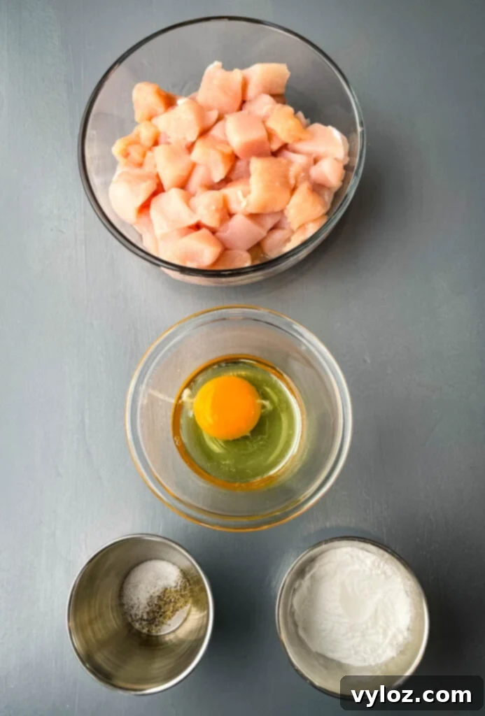 Raw sliced chicken, raw egg, soy sauce, salt, and pepper in separate bowls, ready for marinade.