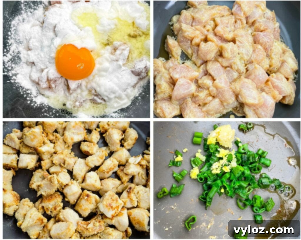 Collage photo showing stages of preparing fried chicken in a skillet with eggs and baking powder.