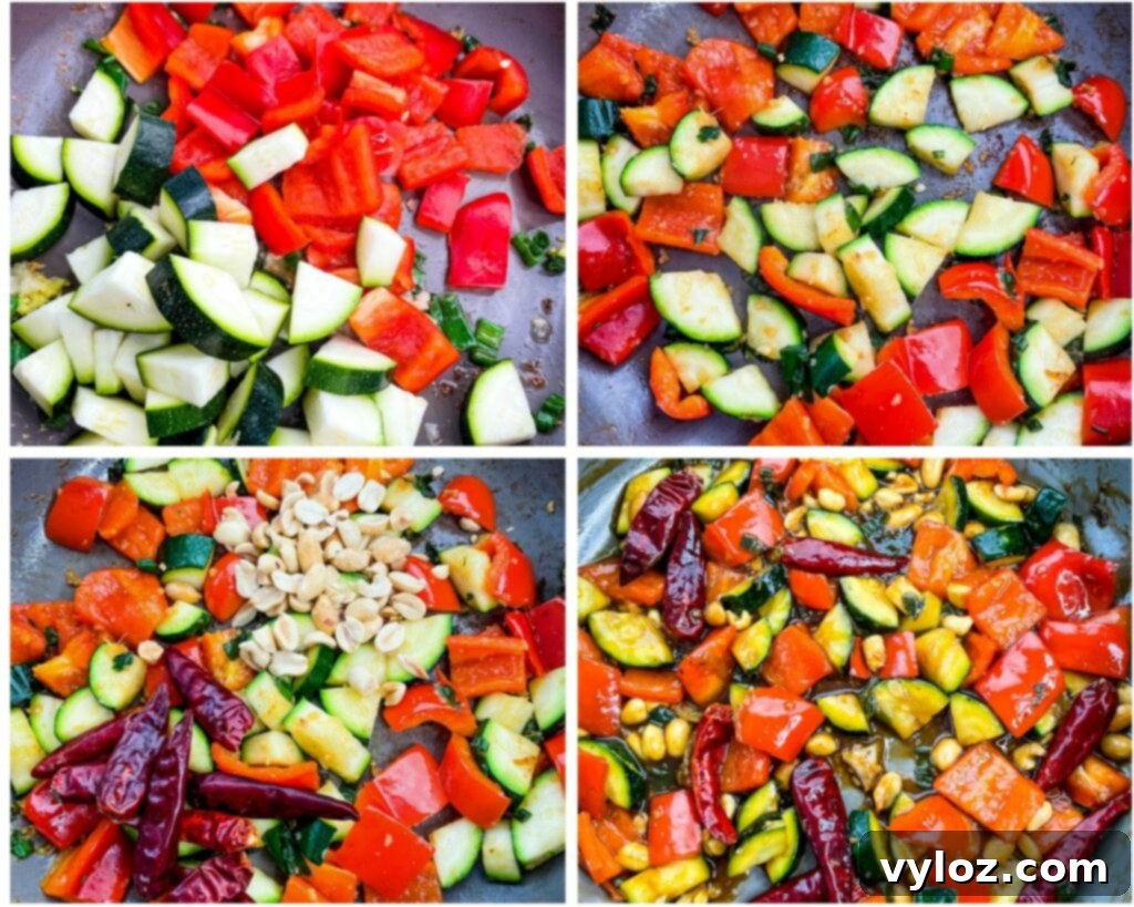 Collage photo of 4 images displaying red peppers and zucchini sautéed in a pan, vibrant and fresh.