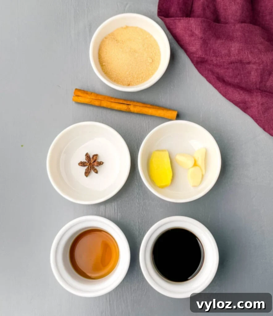 brown sugar, cinnamon stick, star anise, garlic, ginger, fish sauce, and soy sauce in separate bowls