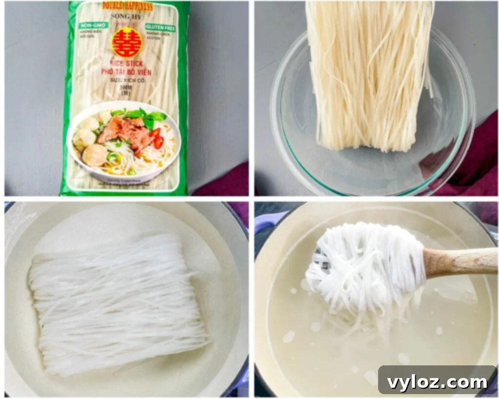 pho rice noodles in packaging and cooked in a pot with water