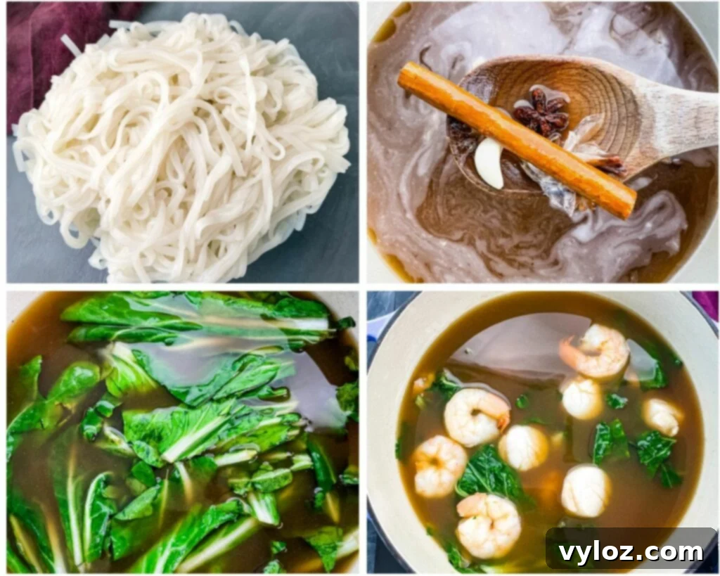 collage photo of seafood shrimp pho cooked in a Dutch oven