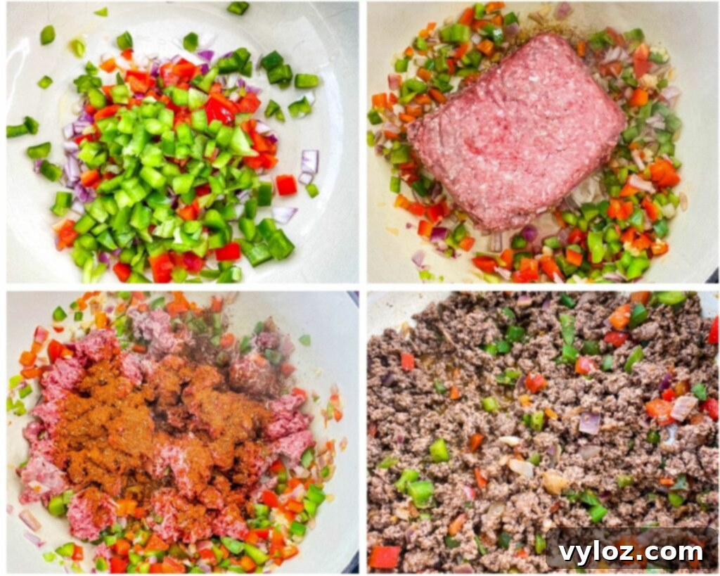 collage photo of 4 image green peppers, red peppers, onions, raw ground beef in a Dutch oven