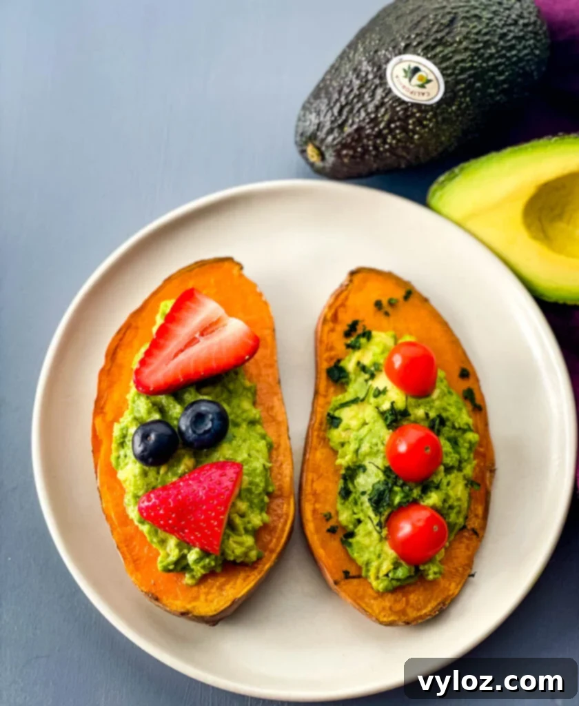 sweet potato avocado toast on a plate with fresh fruit