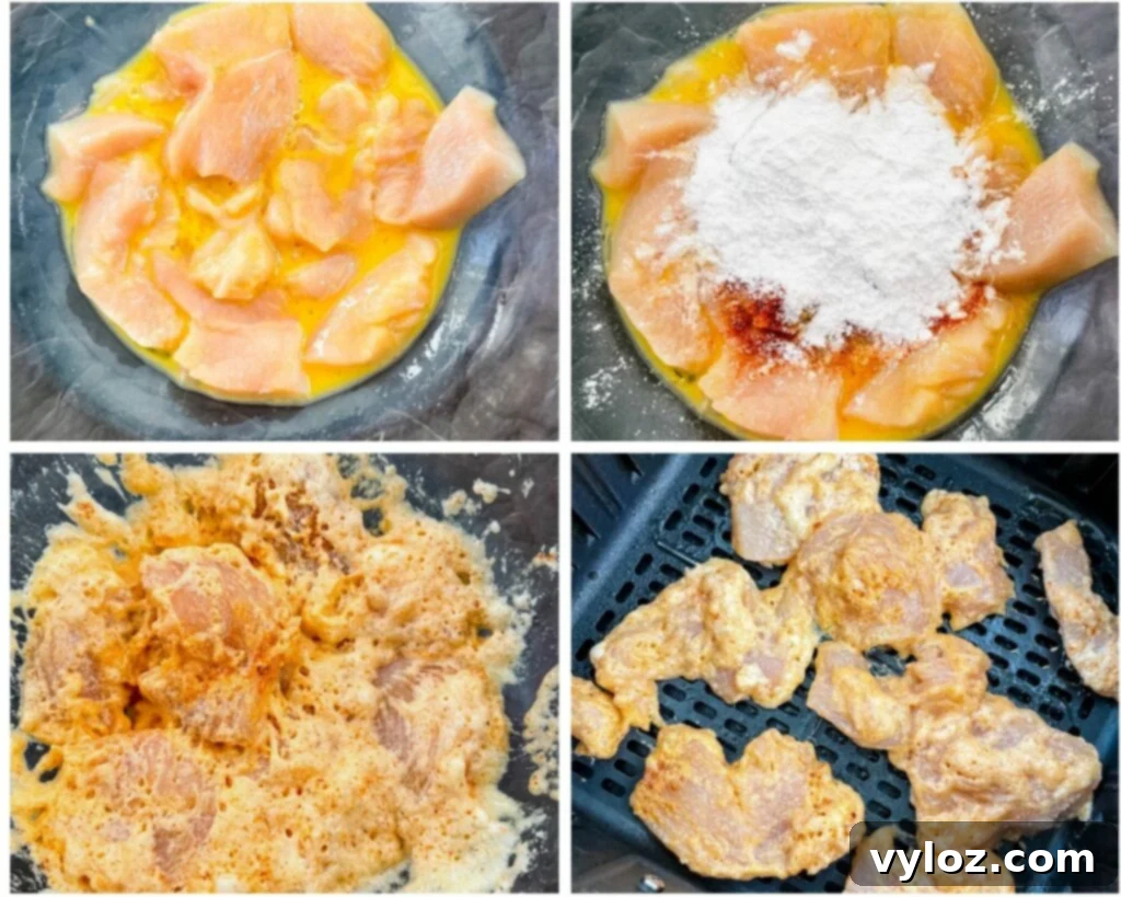 collage photo showing 4 photos of seasoning chicken and then added to an air fryer
