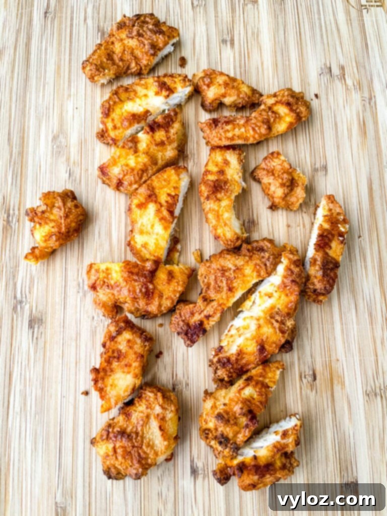fried chicken tenders sliced on a cutting board