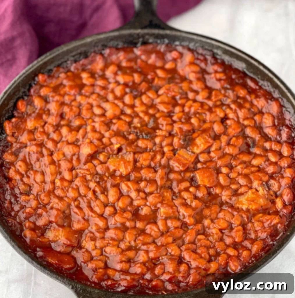 Southern baked beans in a cast iron skillet