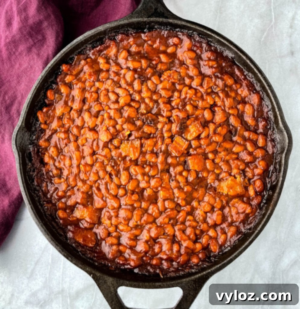 Southern baked beans in a cast iron skillet
