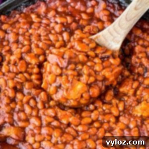 a wooden spoonful of Southern baked beans in a cast iron skillet