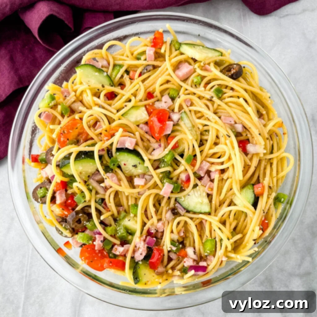 spaghetti salad in a glass bowl