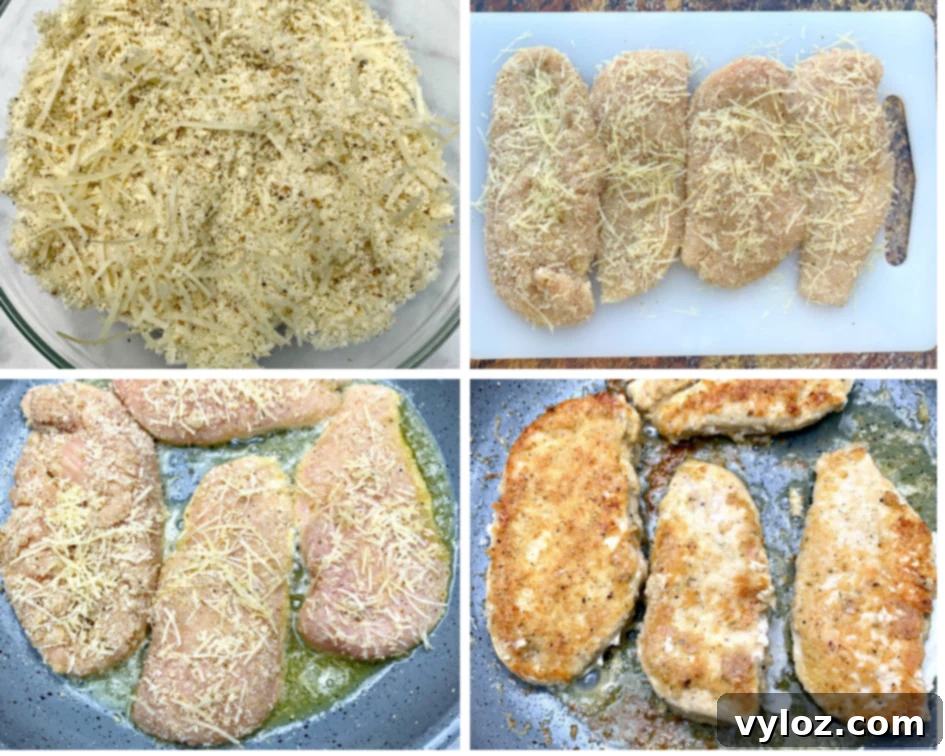 Almond flour in a bowl, raw chicken breasts breaded on a cutting board, and frying in a pan.