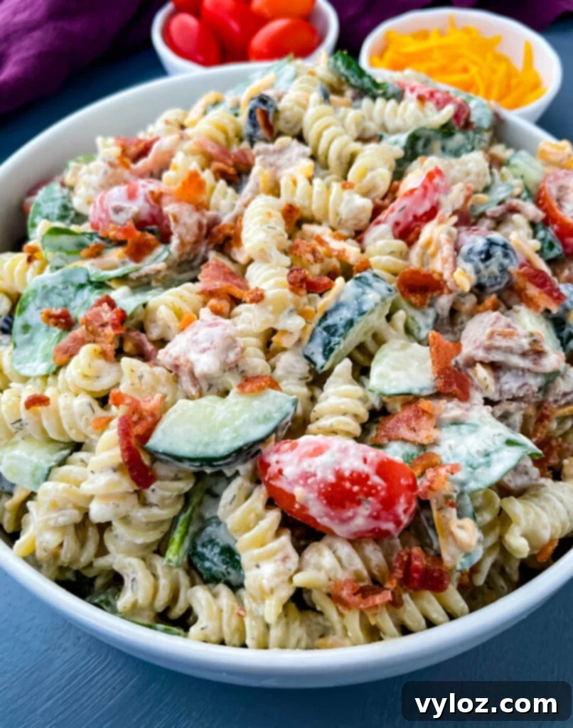 bacon ranch pasta salad in a white bowl