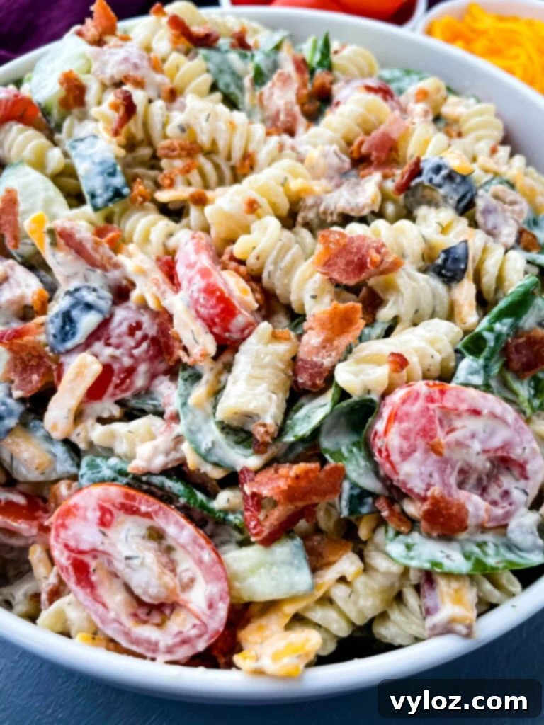 bacon ranch pasta salad in a white bowl