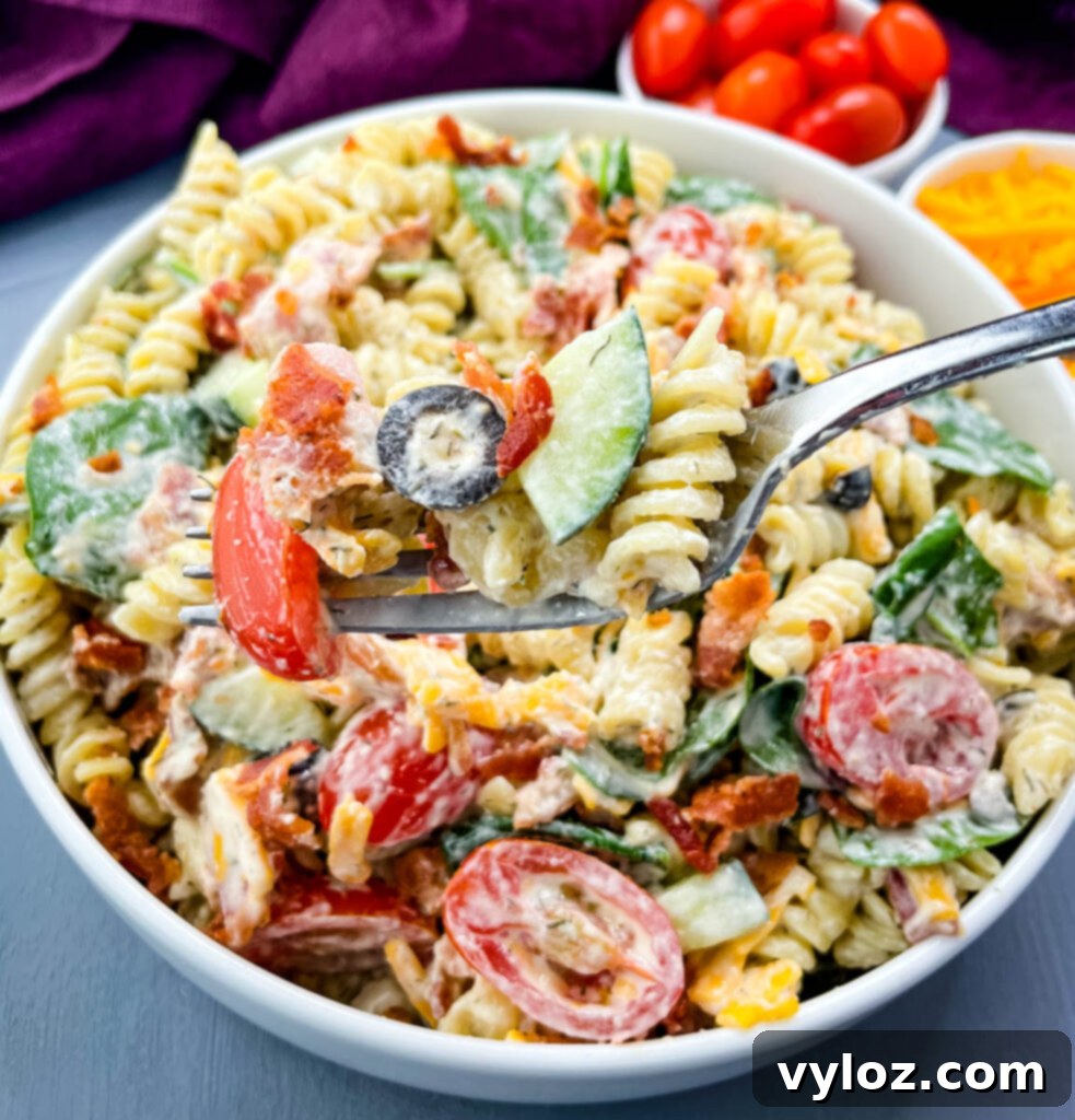 a forkful on bacon ranch pasta salad