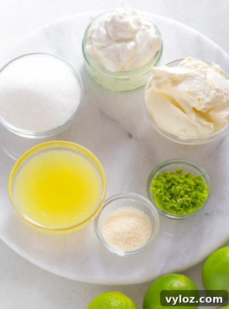 Guilt-Free Key Lime Bliss 4 Bowls containing zero calorie sweetener, key lime juice, Greek yogurt, cream cheese, and fresh lime zest, key ingredients for the sugar free pie filling.