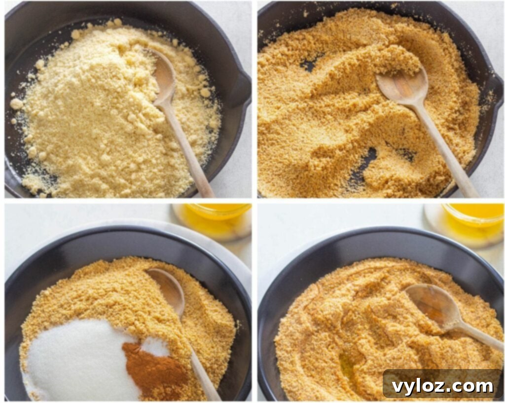 Guilt-Free Key Lime Bliss 6 A collage of four images showing the process of making a keto low carb graham cracker crust, from ingredients to pressed crust.