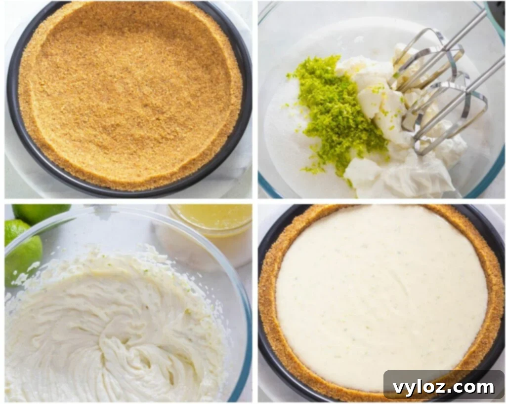 Guilt-Free Key Lime Bliss 7 A collage of four images showcasing the filling process: from mixing ingredients to pouring the key lime pie filling into the prepared crust.