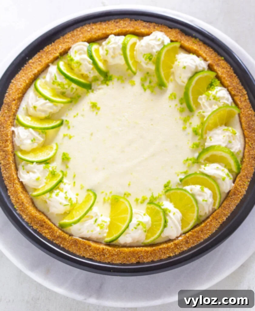 Guilt-Free Key Lime Bliss 8 A beautifully plated slice of keto low carb key lime pie, garnished with fresh key limes and lime zest.