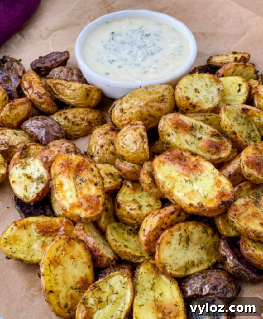 Crispy Ranch Roasted Potatoes 2 Perfectly roasted ranch potatoes on a plate with creamy ranch dressing for dipping