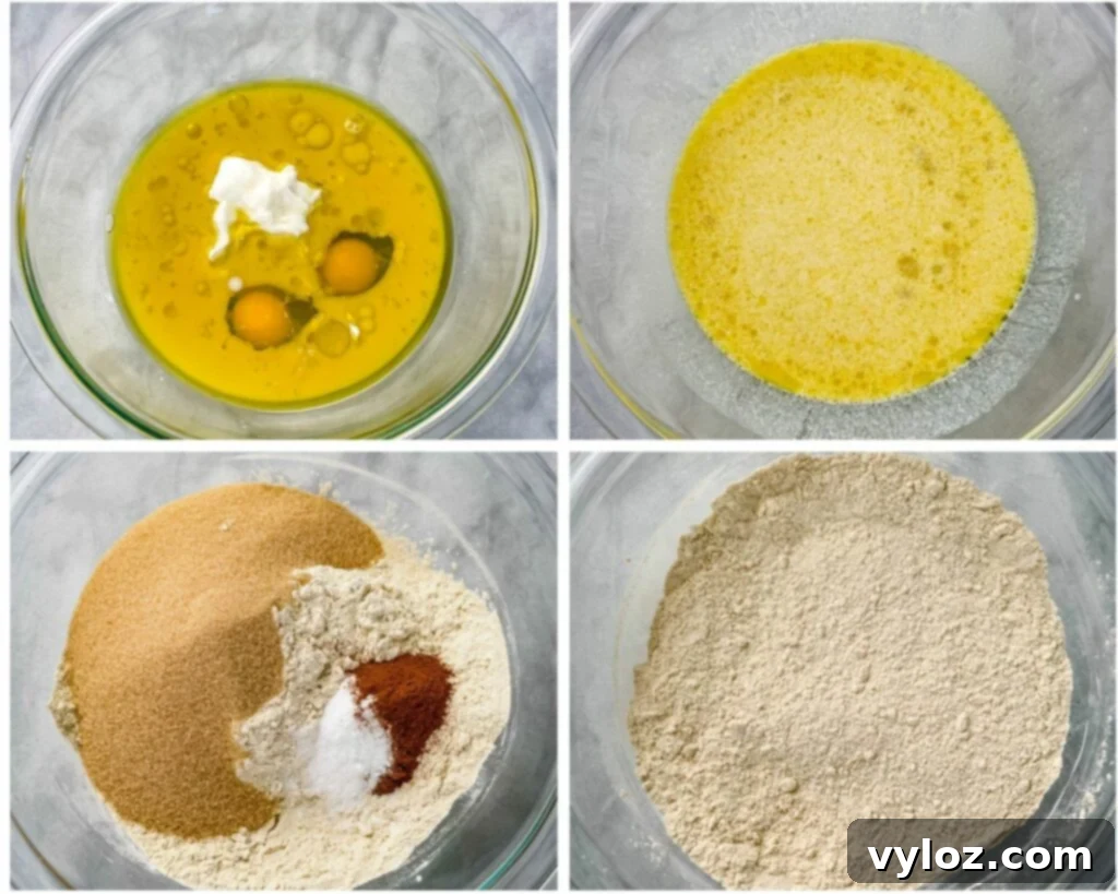 Simple Cinnamon Streusel Coffee Cake Muffins 5 collage of 4 photos showing eggs, Greek yogurt, oil and flour in a glass bowl