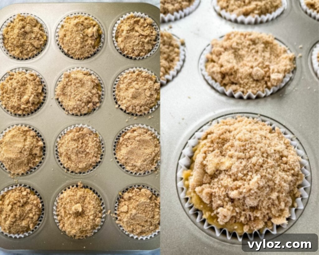 Simple Cinnamon Streusel Coffee Cake Muffins 8 unbaked coffee cake muffins in a muffin tin
