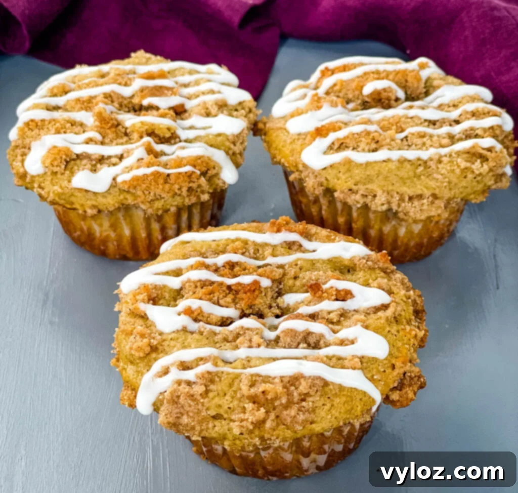 Simple Cinnamon Streusel Coffee Cake Muffins 10 coffee cake muffins with icing on a flat surface