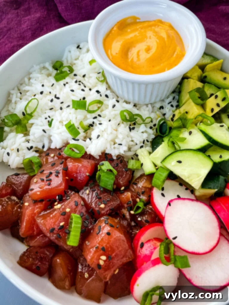 ahi tuna poke in a white bowl