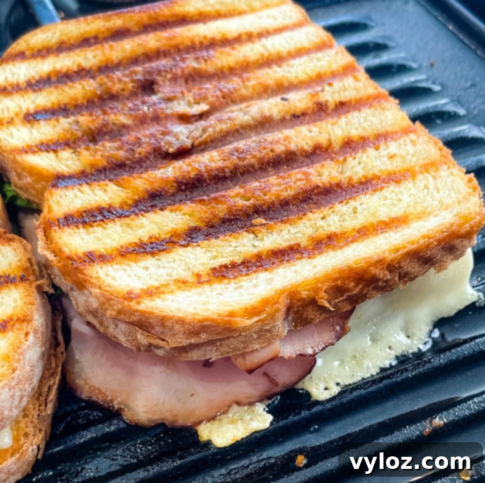 A close-up shot of a ham and cheese panini with visibly melted and gooey cheese, resting on a heated grill pan.
