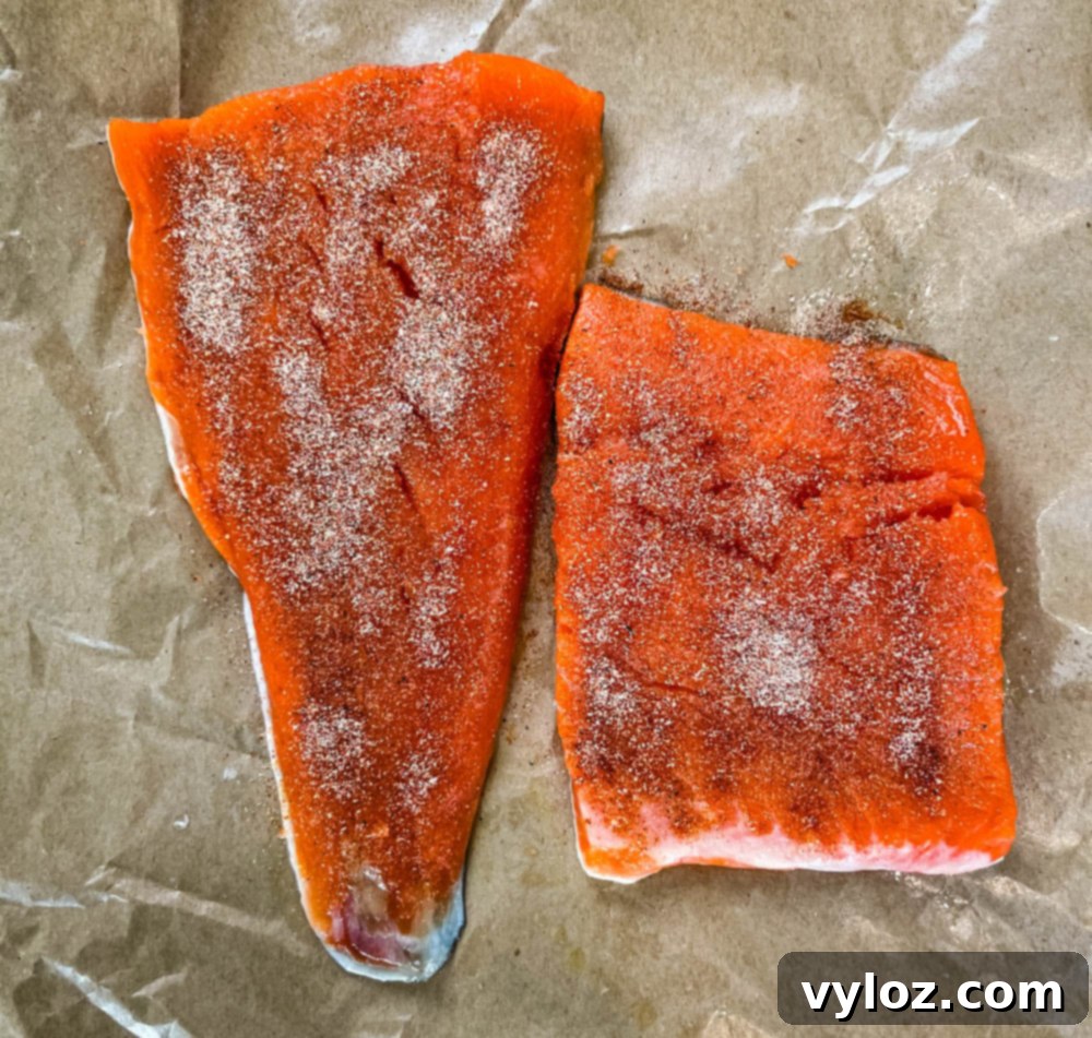 Sweet and Simple Maple Salmon 5 seasoned raw wild caught salmon on paper