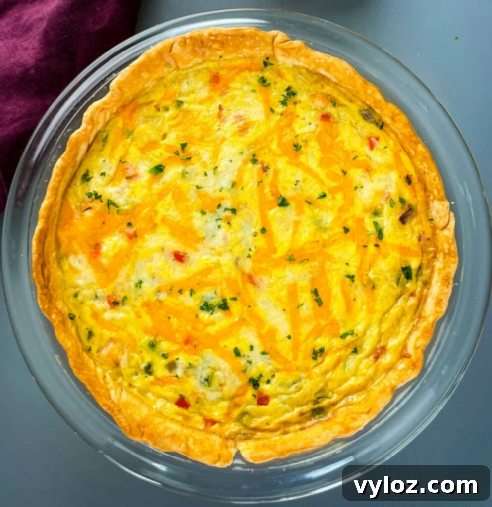A freshly baked shrimp and crab seafood quiche, golden-brown and steaming hot in its pie plate.