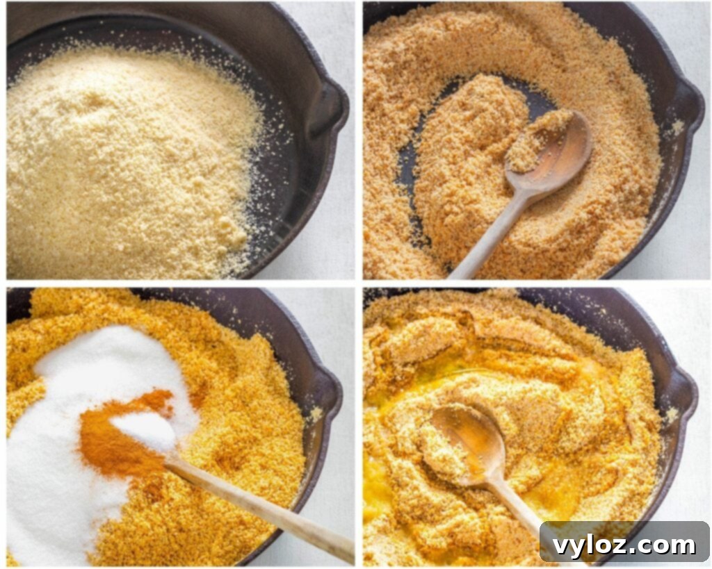 A collage showing the steps to make a homemade graham cracker crust in a cast iron skillet.