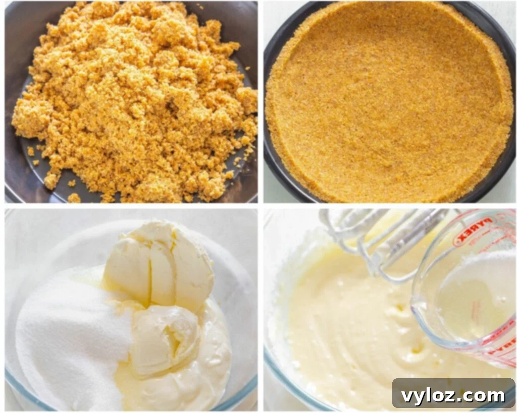 A collage showing the layered pie crust with pineapple and banana, and then the creamy filling being poured over it.