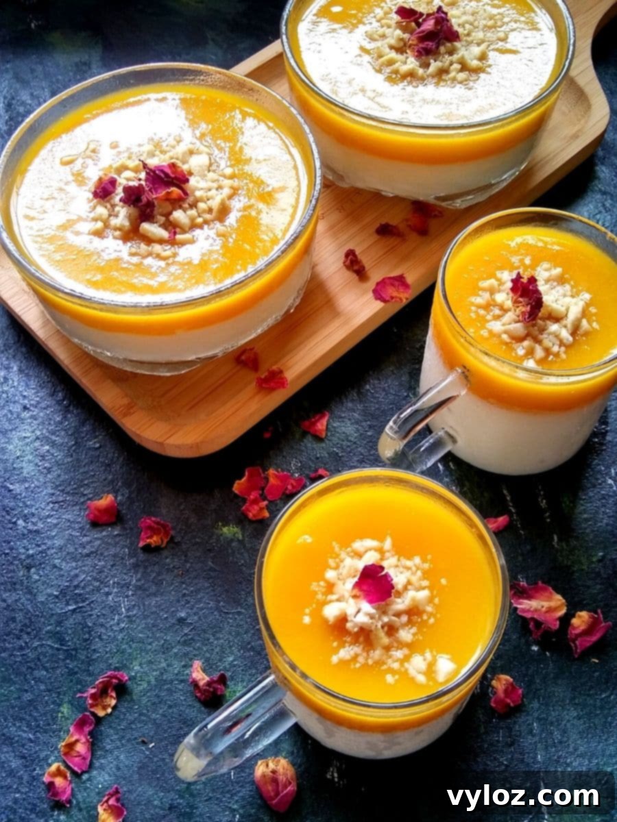 Mahalabia made with mango, garnished with nuts and served in elegant glasses