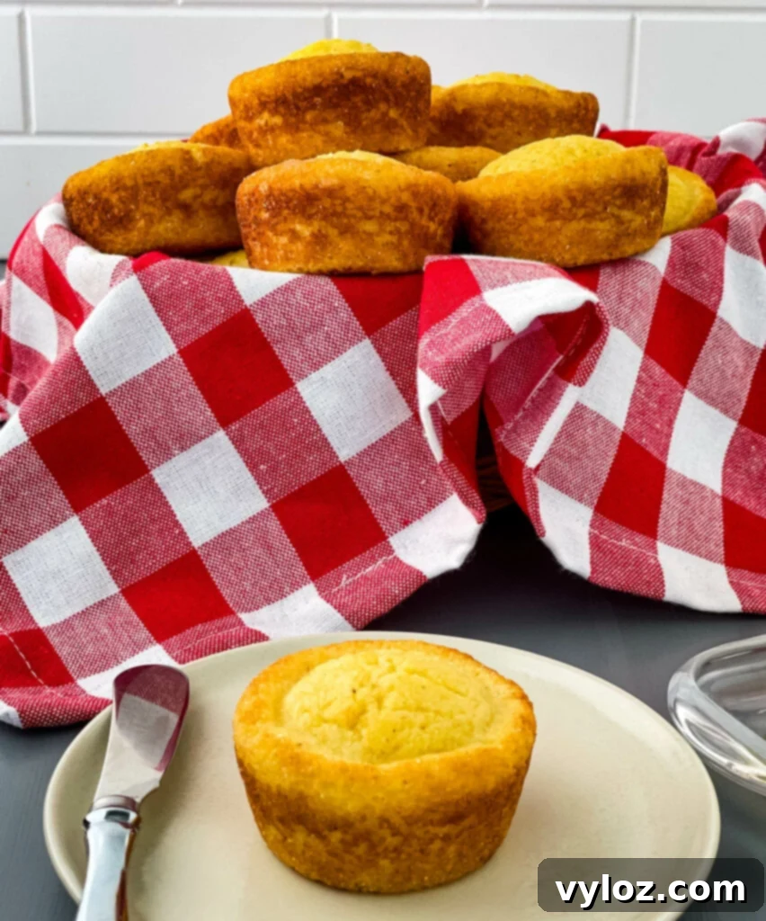 More homemade cornbread muffins displayed in a rustic bread basket, ready to be enjoyed.