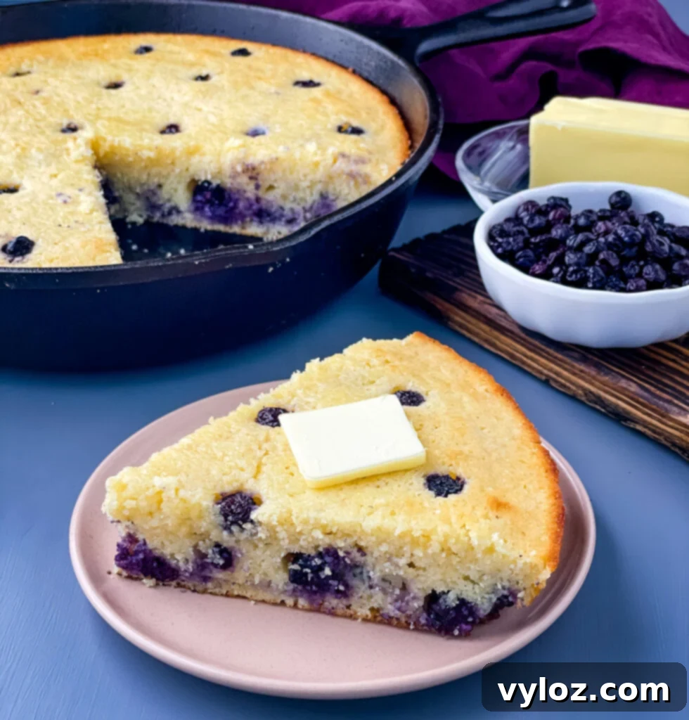 a slice of homemade blueberry cornbread on a plate with a pan of cornbread